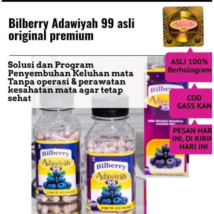 Suplemen Vitamin Mata Bilberry Adawiyah 99 100% Ori 60 kps - Solusi dan Program Pemulihan mata Tanpa