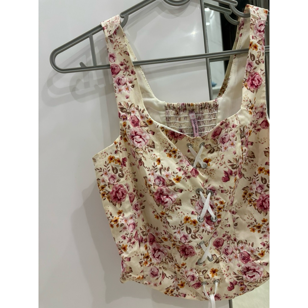 colorbox crop top bunga pink casual baju pantai puff sleeve jeans denim