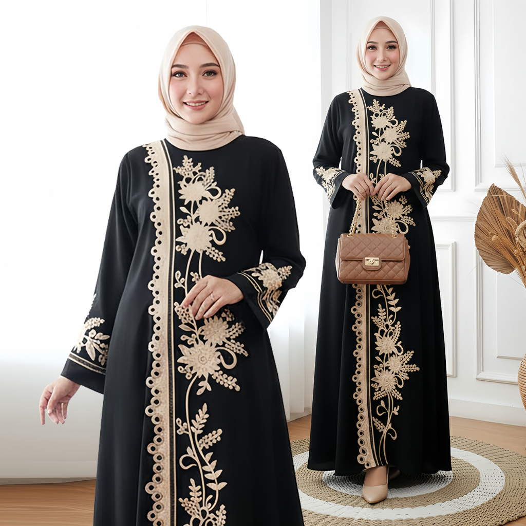 Abaya Bordir Dubai Bahan Arab Saudi Jet black Hitam Turkey by Farisa Olshop Dress Gamis Pesta Mewah 