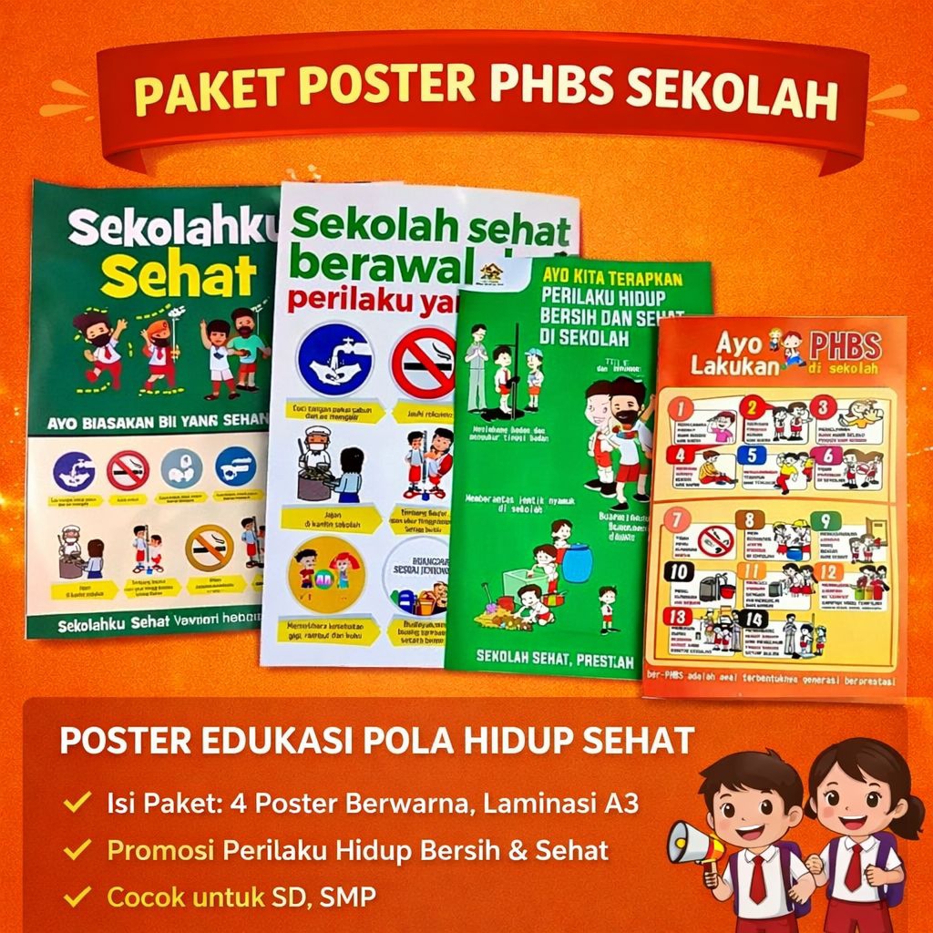 Paket Poster PHBS Sekolah - Poster Sekolah Sehat Prestasi Meningkat - Poster Kesehatan Sekolah
