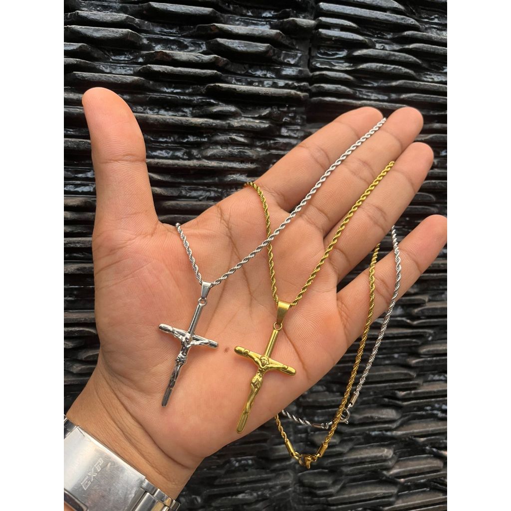 Kalung Salib Rantai Tambang Liontin Salib Stainlees Steel Terlaris - Kalung Pria Wanita Keagamaan Sa
