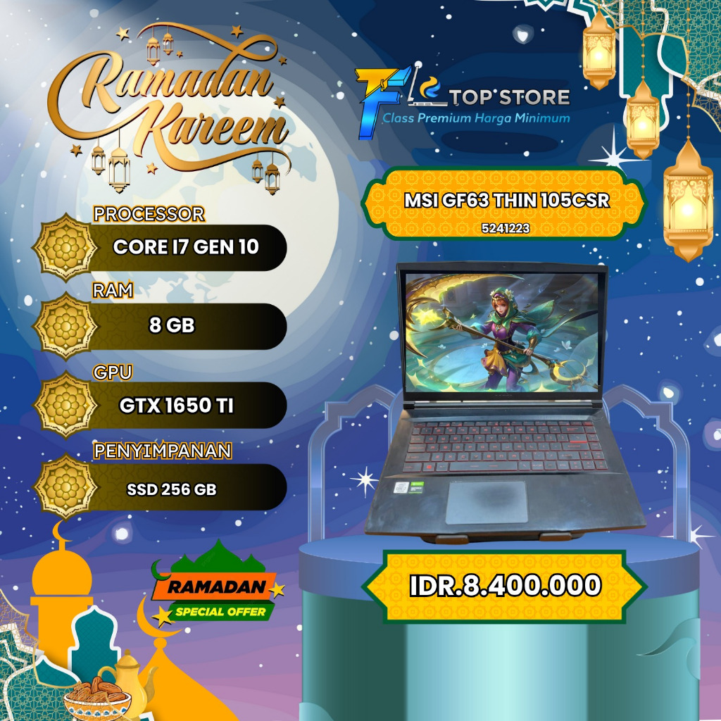 LAPTOP MSI GF63 THIN 105CSR INTEL CORE I7 GEN 10 SSD 512/8GB-GTX 1650TI 4GB