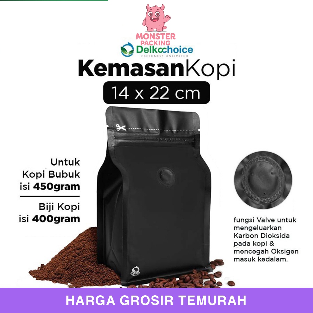 Standing Pouch Flat Bottom Valve Side Gusset HItam 14x22cm