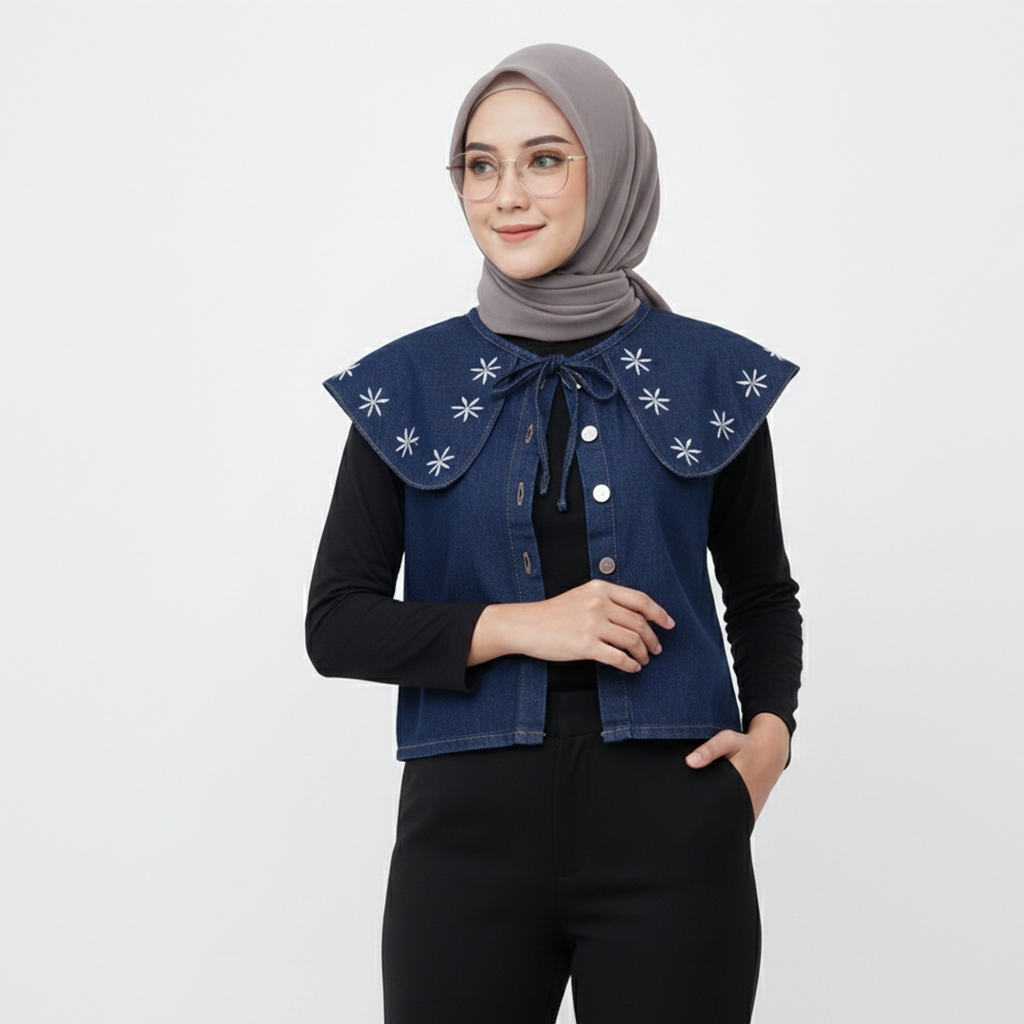 Rita Vest Denim Bordir Bunga - Rompi Jeans Wanita Korea Style Premium