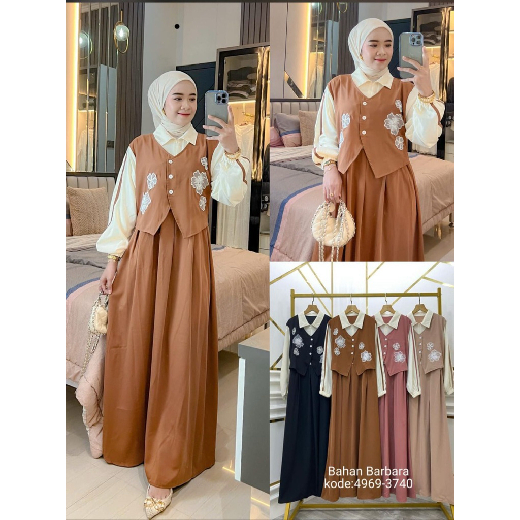 Gamis rompi barbara rayon twill mix bunga renda