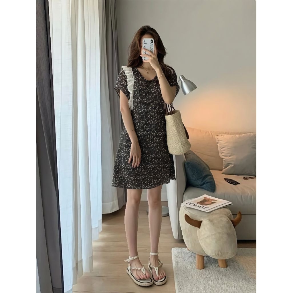 Dress Midi Korea Sifon Motif Bunga | Vintage Ruffle Dress - Black