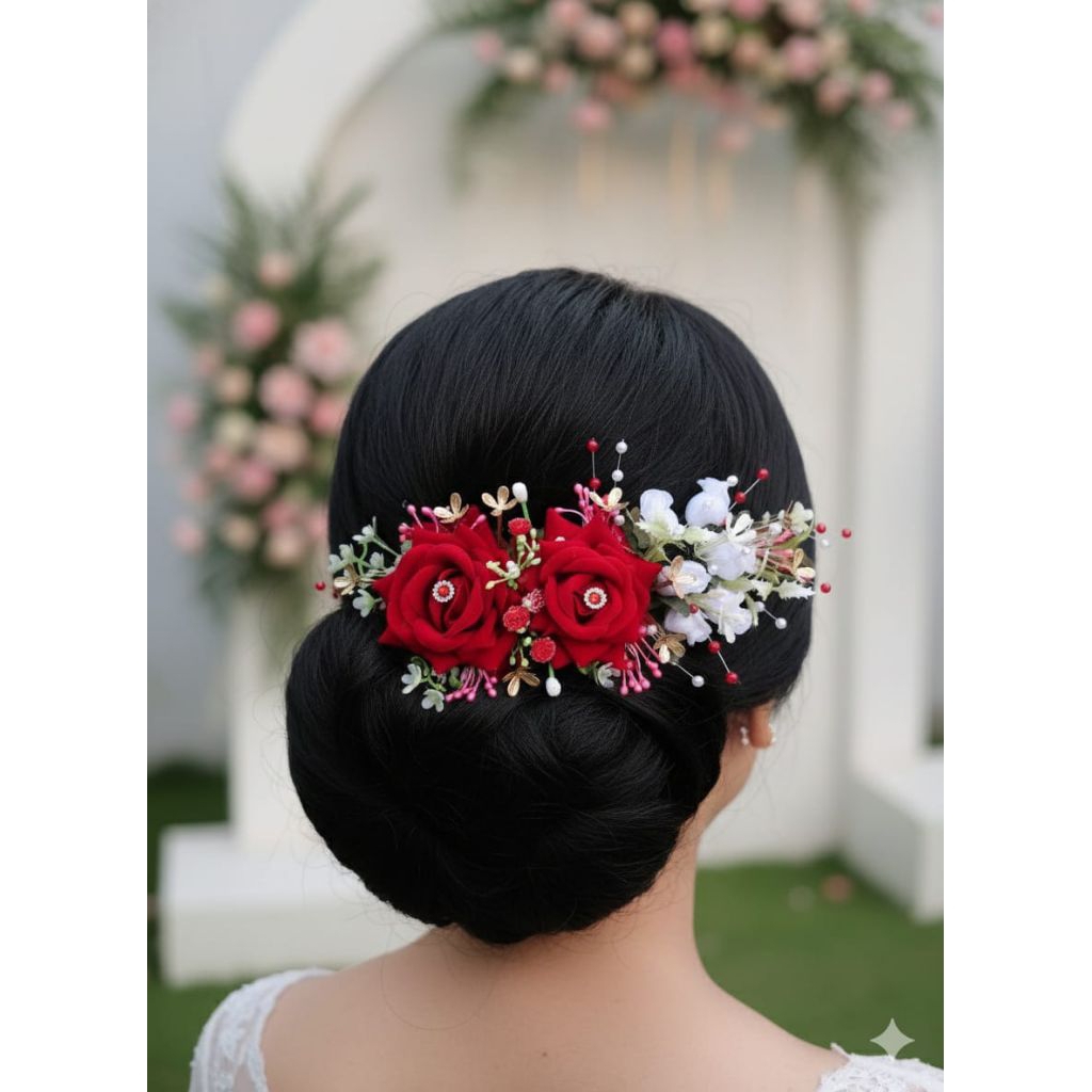 Aksesoris Sanggul Bunga Mawar Pengantin / Hiasan Sanggul Bunga Mawar Elegant