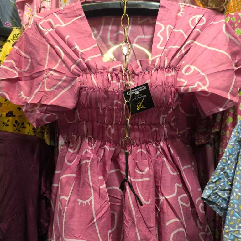 Shabhira - Daster Smook Lengan Pendek / Daster Rayon Motif Terbaru / Dress Kerut Dada Kerah Kotak