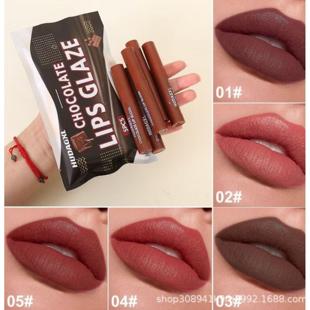 LIP GLAZE 5 PCS| Chocolate Lip Glaze 5pcs Matte Velvet Lipstick Set Long Lasting Waterproof