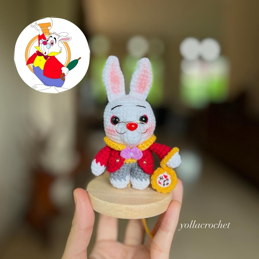 White Rabbit Bag Charm Crochet Handmade | Alice in Wonderland Keychain