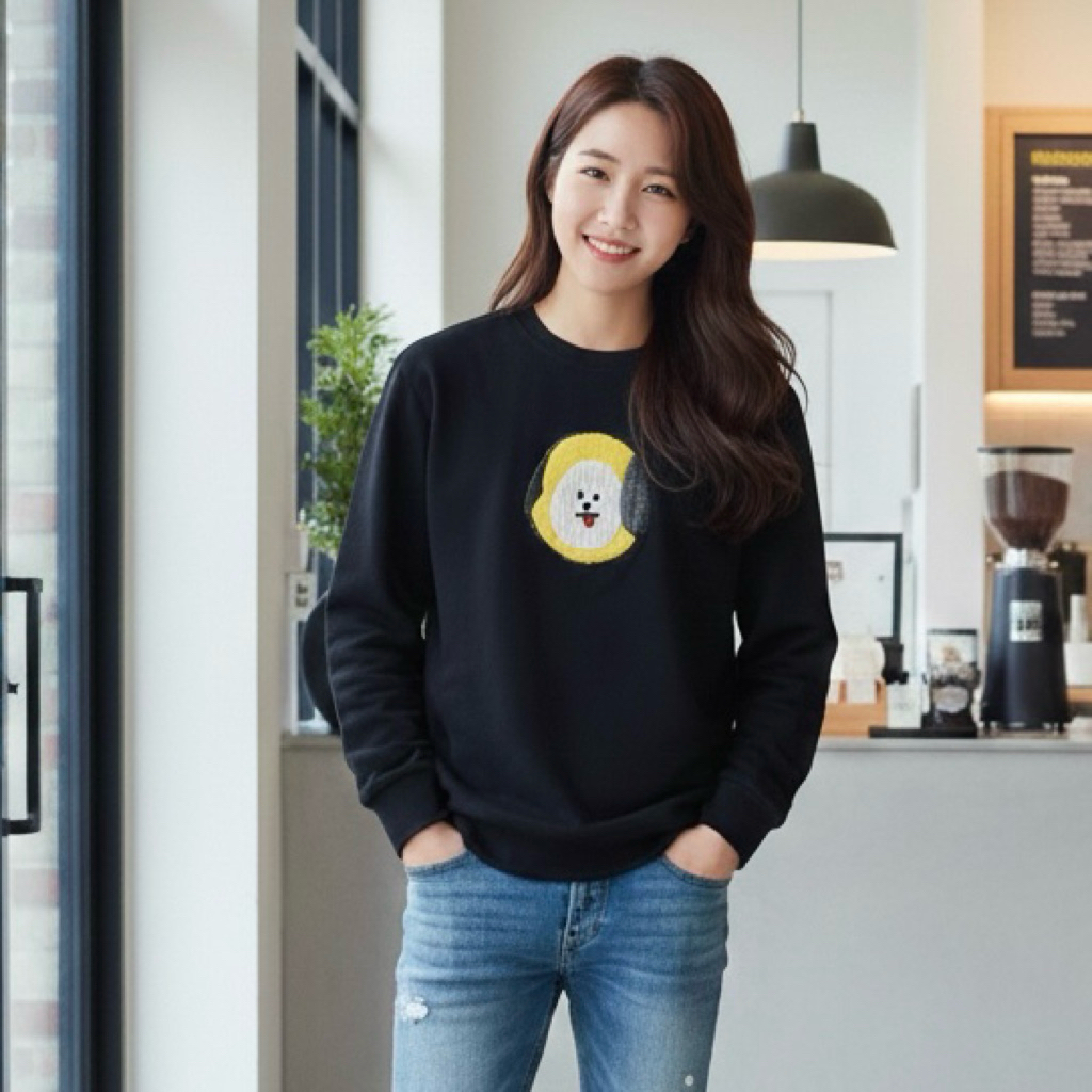 [ready stock ] Zoey Black Sweater BT21 chimmy jimin aksen bordir depan atasan cotton fleece tebal sw