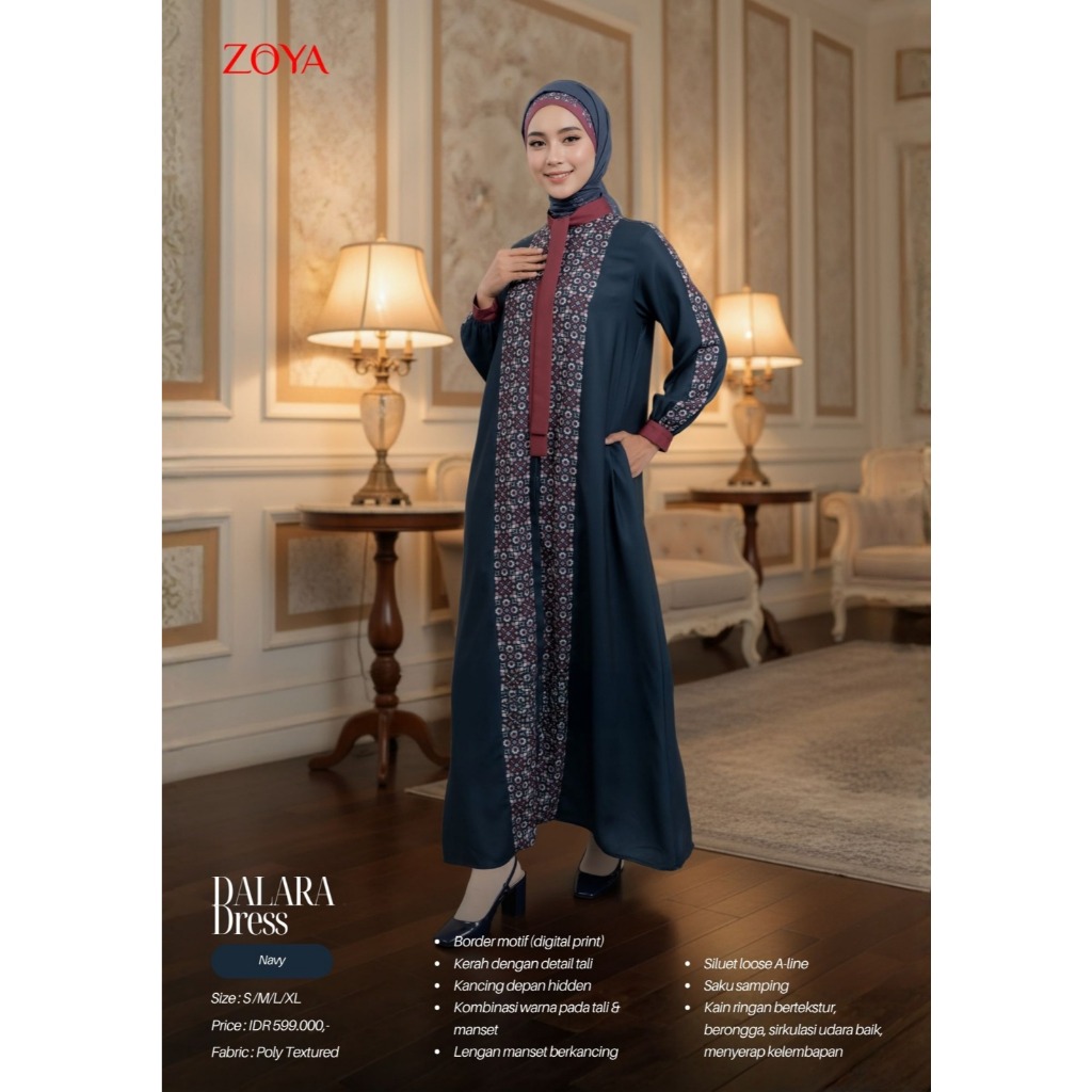 ZOYA - DALARA DRESS GAMIS MUSLIM WANITA MOTIF MODERN NAVY BAHAN POLY TEXTURED BUSUI & WUDHU FRIEDLY
