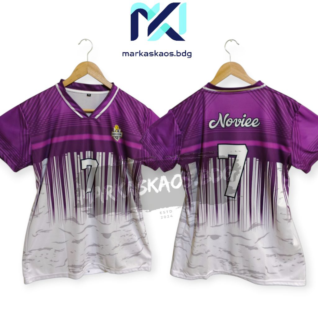 Stelan Jersey Motif Ungu Putih / Kaos Volly Wanita Dan Pria / Free Nomor Dan Nama