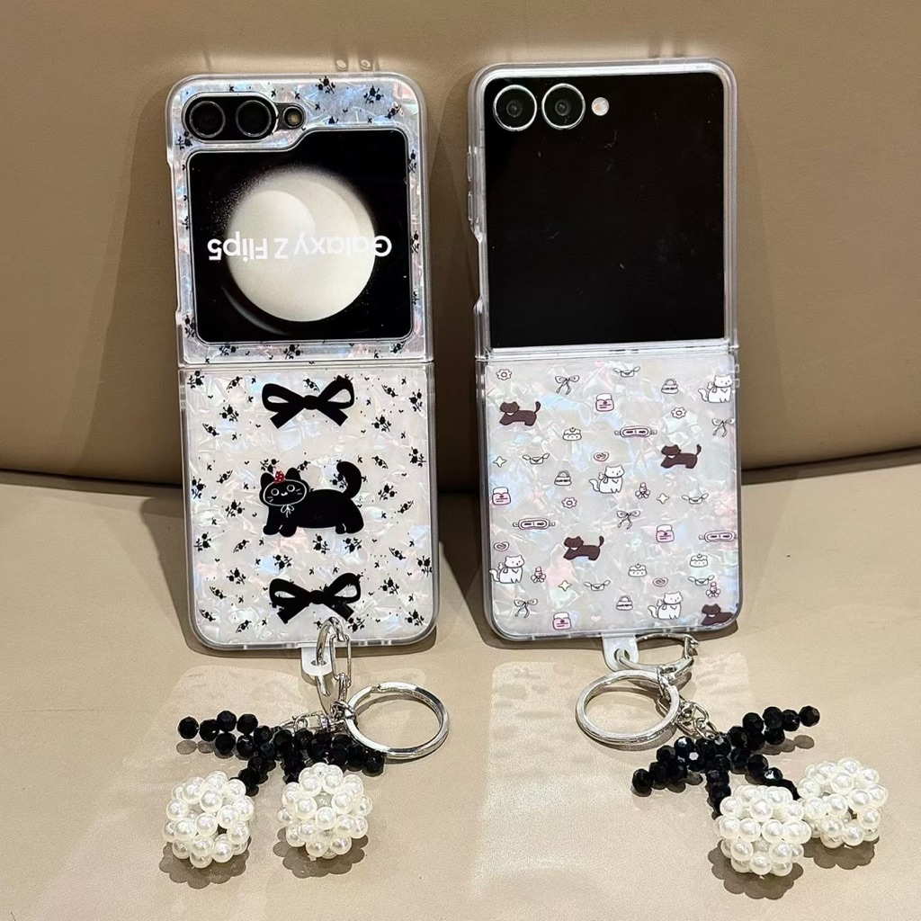 New Case Zflip Zfold Black Cat Kitten Cute Marble With Chain Charm Gantungan Tali Hp Casing TPU For 
