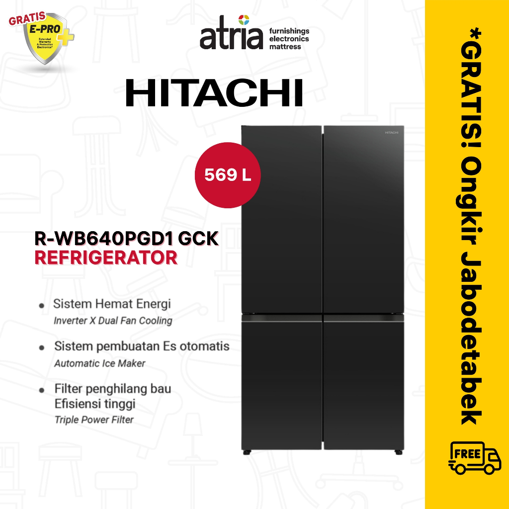 Hitachi Kulkas 4 Pintu Inverter Bottom Freezer 569 Liter R-WB640PGD1 GCK