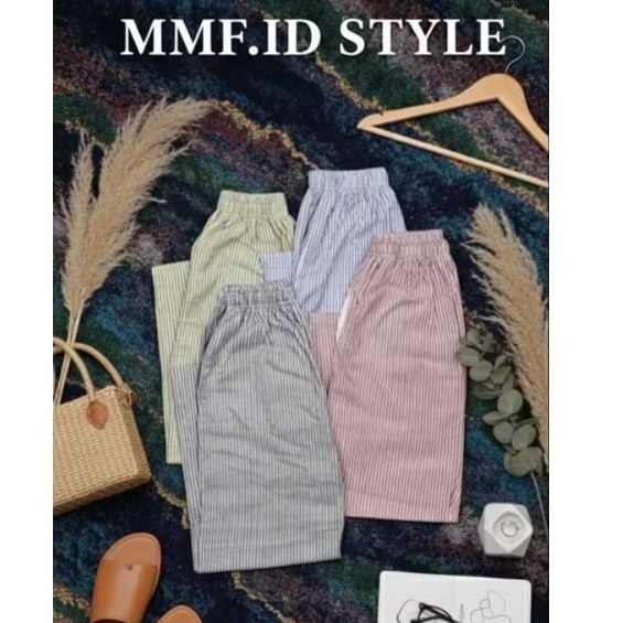 Celana Kulot Salur Wanita Tali Serut Aktif / Celana Panjang Motif Garis Stripes Pinggang Karet [MMFs