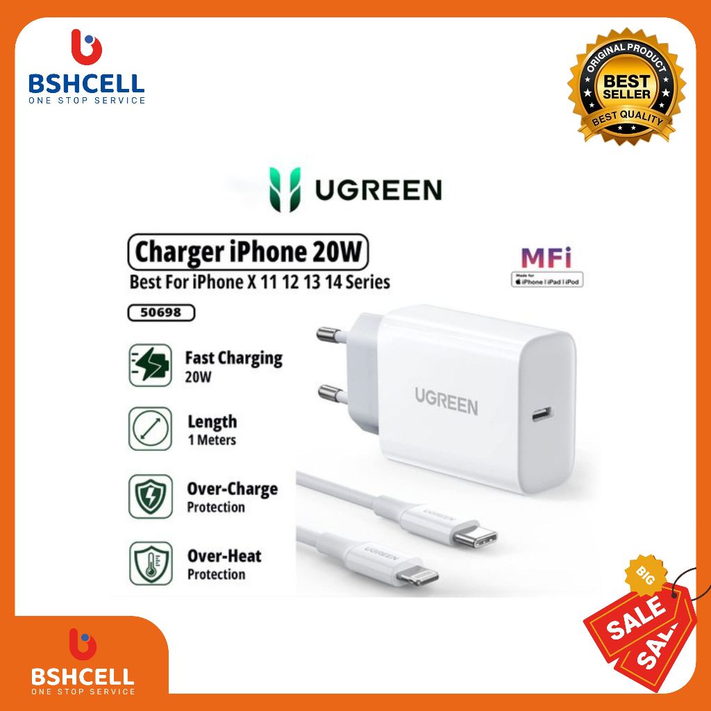 ADAPTER CHARGER UGREEN MFI 50698 PD20W FAST CHARGER + KABEL IPHONE WHITE