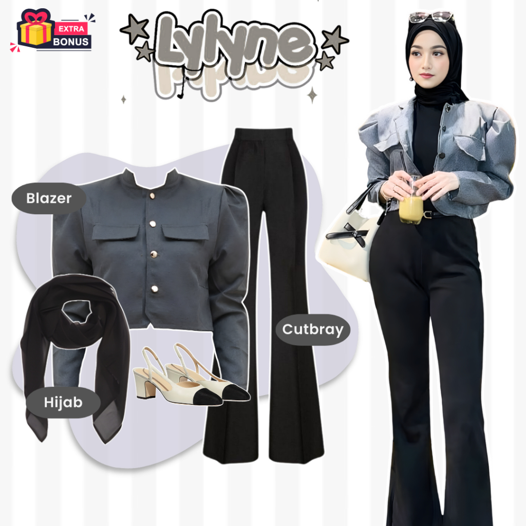 Oneset One set 3in1 setelan wnaita blouse blazer cardigan outer sonia celana cutbray flare pants hij