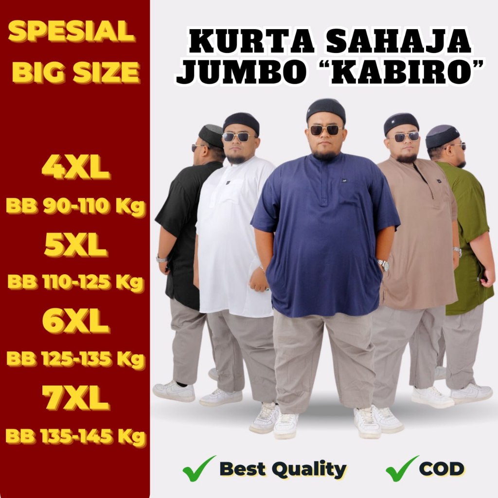 KABIRO Kurta Sahaja Rayon Big Size Super Jumbo Pria Muslim 4XL-7XL 3 Kantong Kerah Koko Resleting
