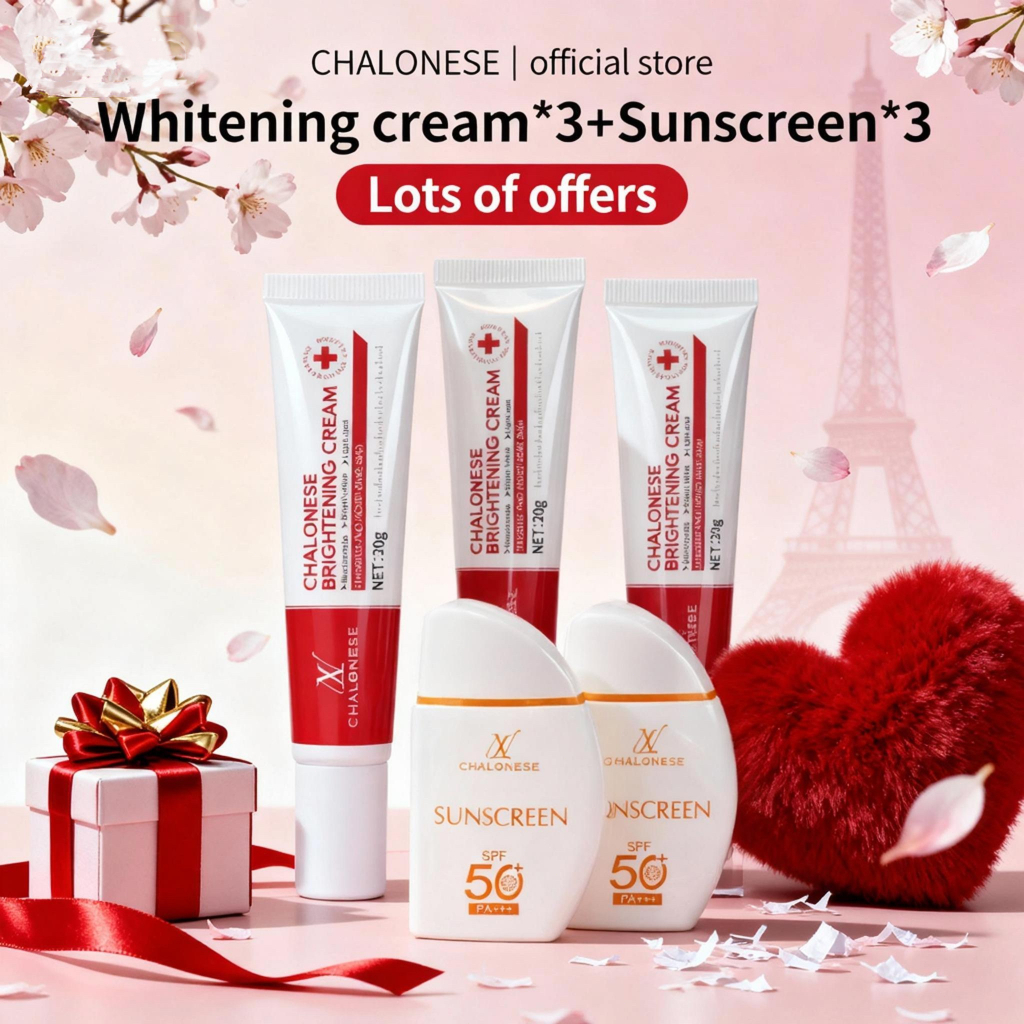 CHALONESE Brightening Set (SUNSCREEN WAJAH SPF 50 PA+++ + Krim Pemutih dan Bintik), menghilangkan bi
