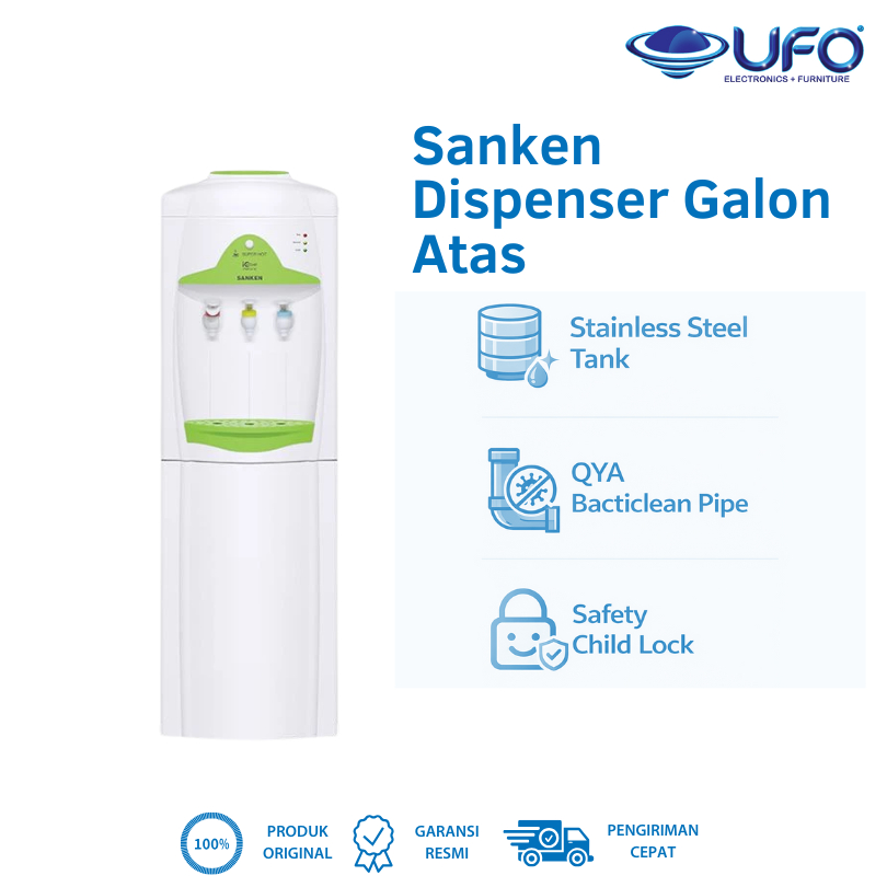 Sanken HWE-67C Dispenser Galon Atas 3 Kran Air Panas Dingin Stainless Steel Tank Low Watt