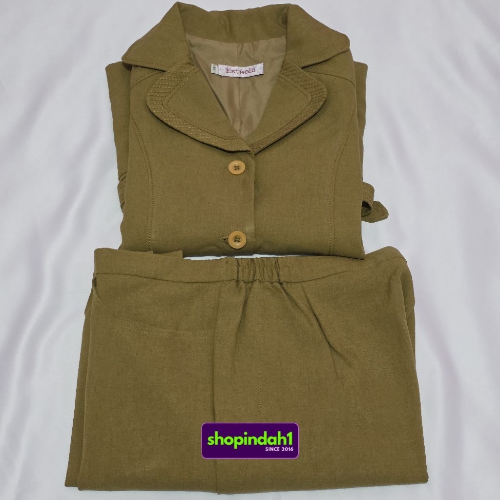 [Baca Deskripsi] Baju pakaian kerja wanita PDH PNS ASN ESTEELA XL warna cokelat khaki set baju tali 