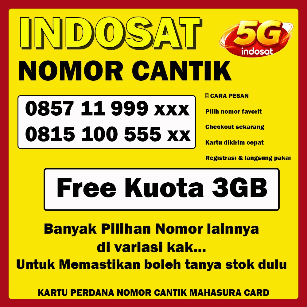 Nomor Cantik Indosat 5G 12 Digit | Kartu Perdana Baru Free Kuota 3GB Ready