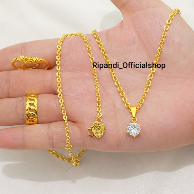 Set Dewasa Titanium Rantai Medan Cincin Rantai Liontin Permata Warna Emas24K