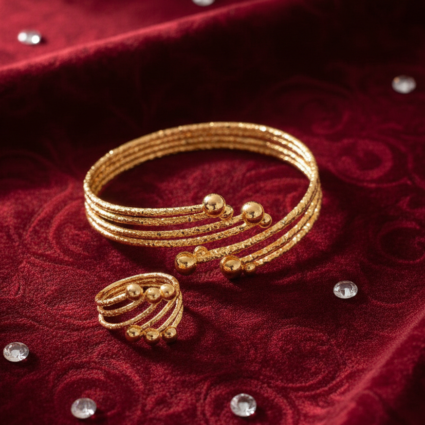 Set Gelang Bangle & Cincin Emas emas Fleksibel untuk Wanita