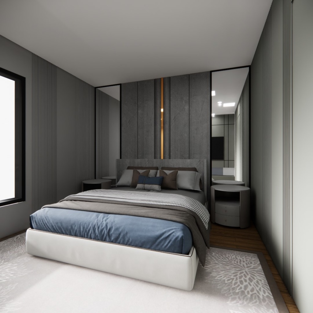 Exmud Living Interior Furniture Custome Walk in Closet Wardrobe Lemari Pakaian Meja Rias Backdrop TV