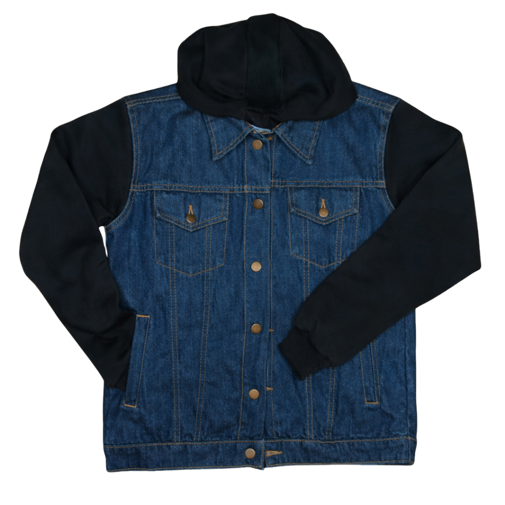 Prudels Jaket Denim Hoodie Pria - Jaket Jeans Lengan Hitam Fleece - Hoodie Denim Baseball Distro Ori