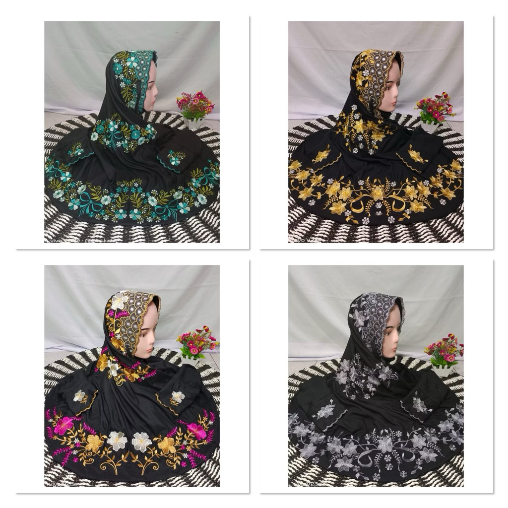mukena bordir terusan warna hitam motif bunga