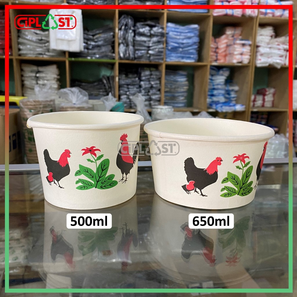 Paper Bowl Jago 500ml & 650ml Mangkok Ayam Motif Djago + Tutup Premium