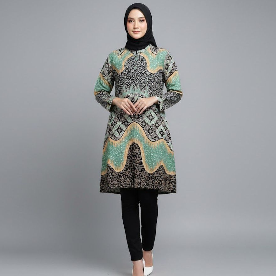 RISNA BATIK Tunik Hijau Sage Hitam Katun Premium KMF 61