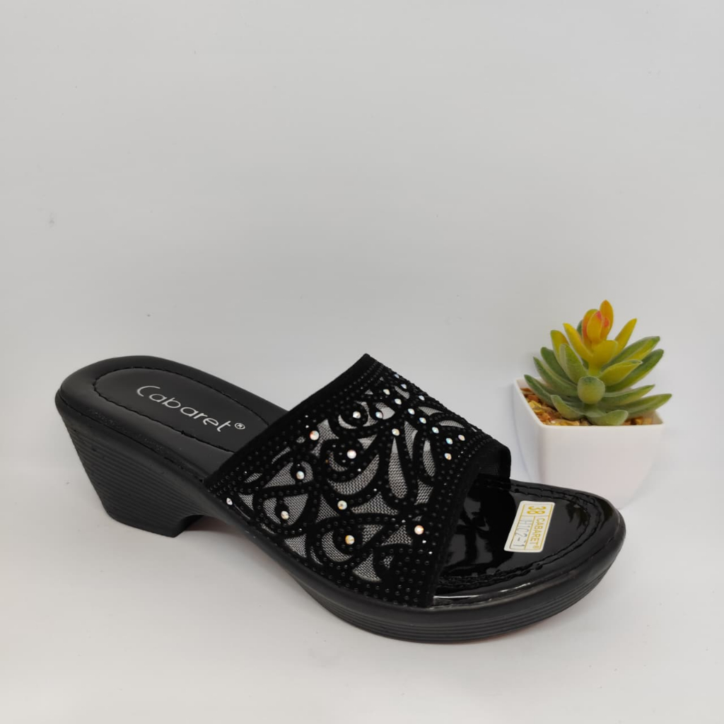 NewYordan Sandal Wedges Wanita Cabaret Black Silver– Cabaret JH.102-1 Hitam | Wedges Heels | Elegant