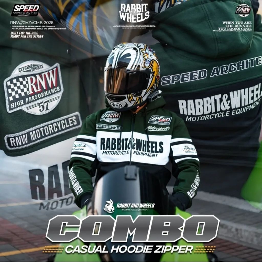 Rabbit and Wheels Combo Casual Hoodie Zipper Green