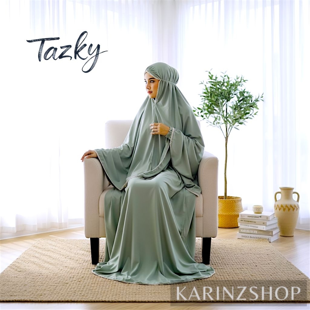 TAZKY - MUKENA Dewasa Bordir Punggung Setelan Katun Premium Jumbo Bahan Halus dan Adem ( LIGHT GREEN
