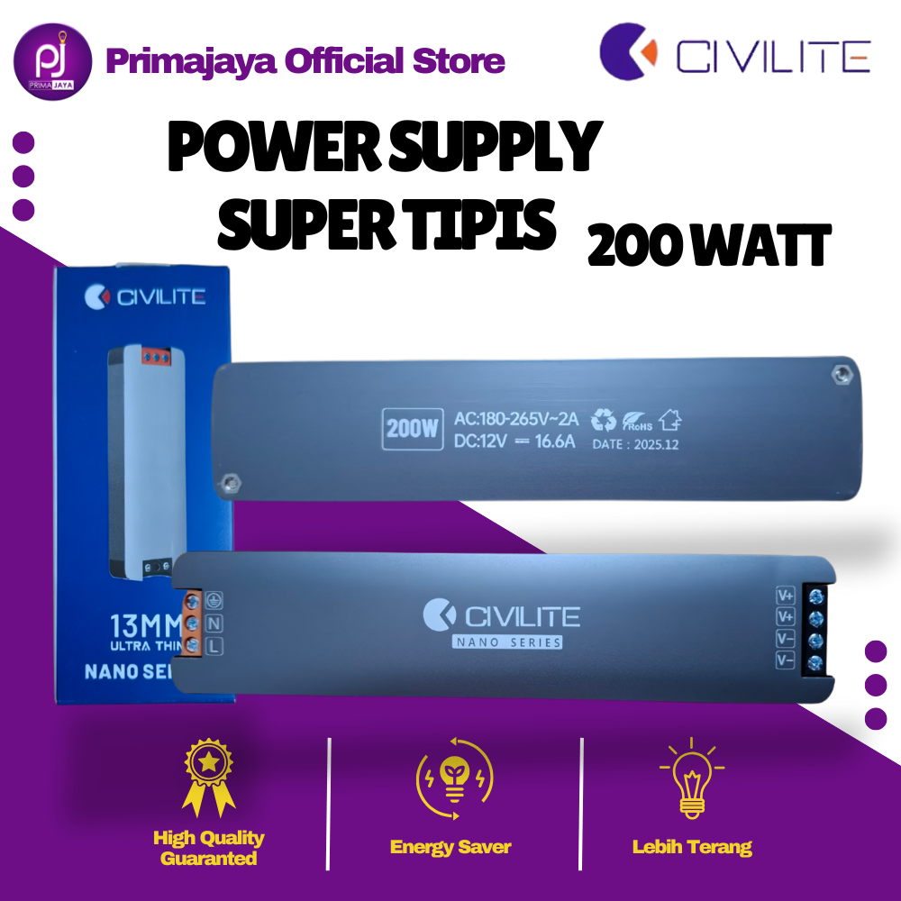 Power Supply LED 200W Civilite Super Tipis 12V Trafo Adaptor Lampu LED Strip Nano Series