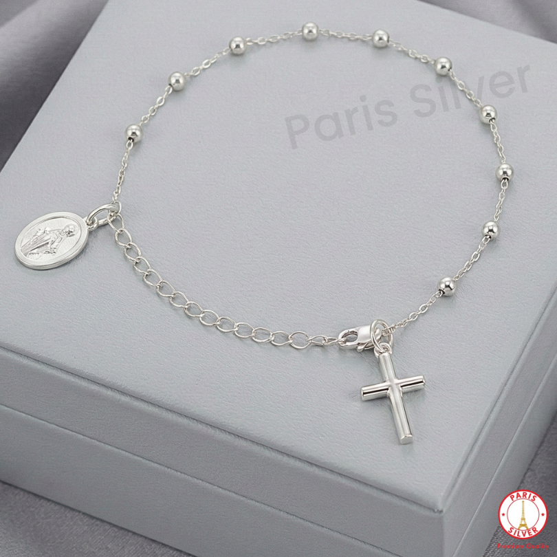 Gelang Rosario Medali Wasiat Bunda Maria Perak Asli 925 Silver Lapis Emas Putih Katolik Anti Karat