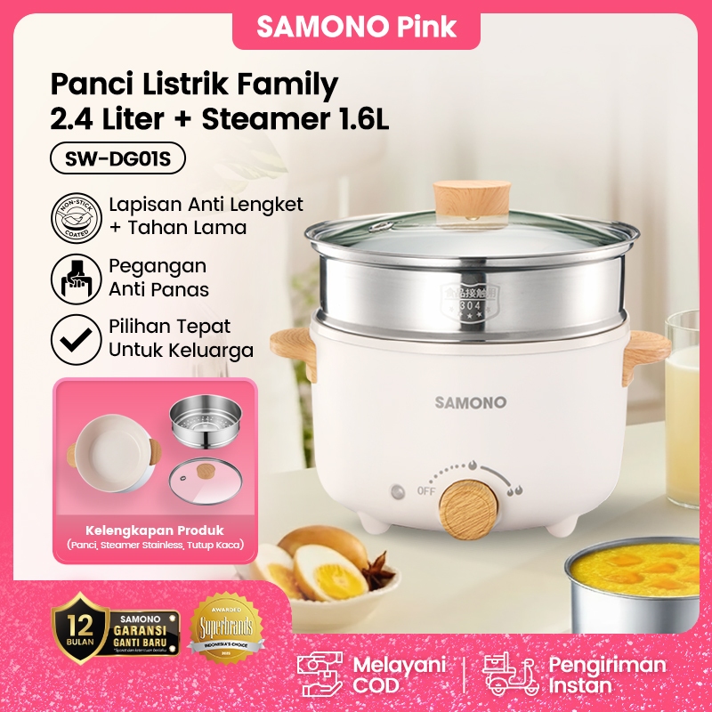 SAMONO Panci Listrik 2,4L + Steamer 1,6L Low Watt 150–600W SW-DG01S Ceramic Coating dengan Steamer S