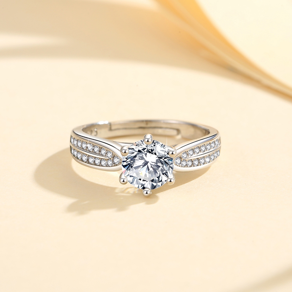 LOVETIA Cincin Moissanite Wanita Bercakar Enam 1.0 Ct S925 Perak Berlian Asli Elegan Sertifikat GRA 