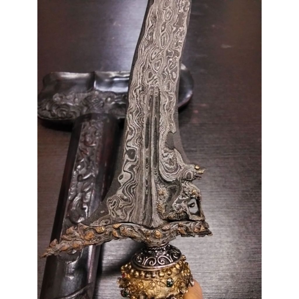Keris Jawa Asli Singobarong Gonjo Kinatah Luk 5 Langka Warangka Gayaman Solo Berkualitas - Keris Maj
