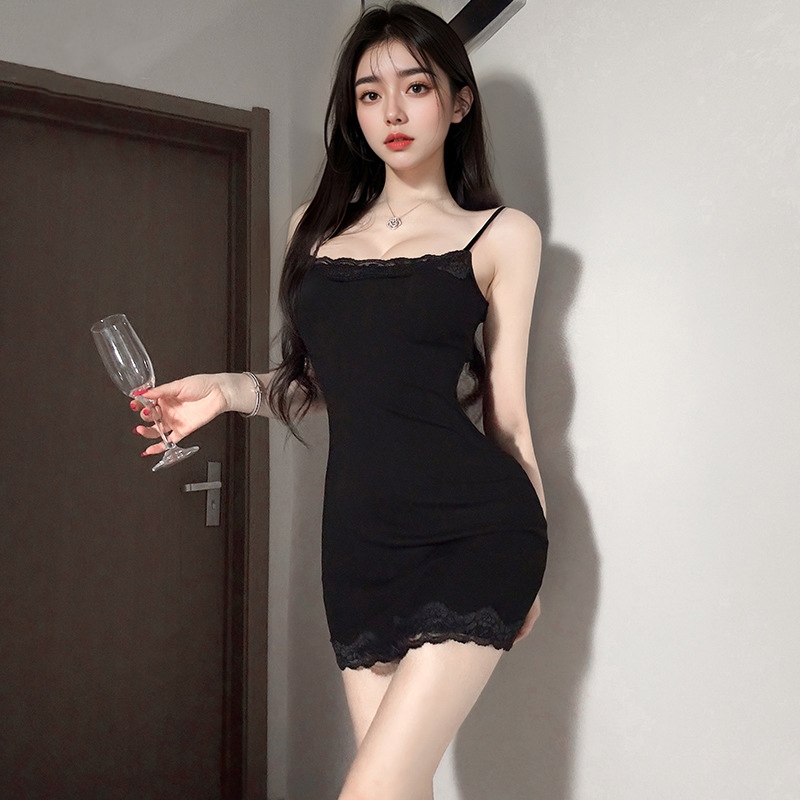 Hitam Gaun,Seksi Renda Gaun Slip,Wanita mini daster