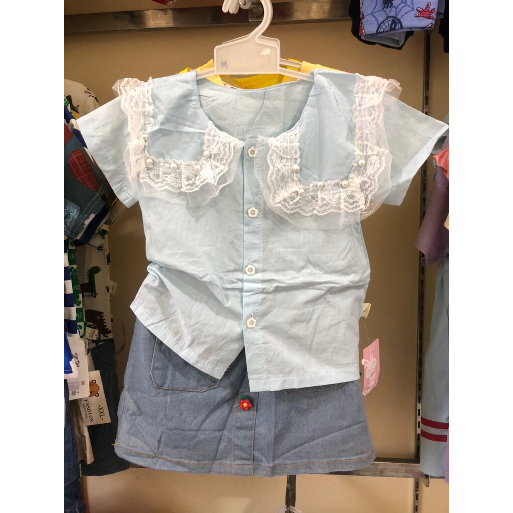 Pakaian anak perempuan warna biru mutiara rok denim bunga