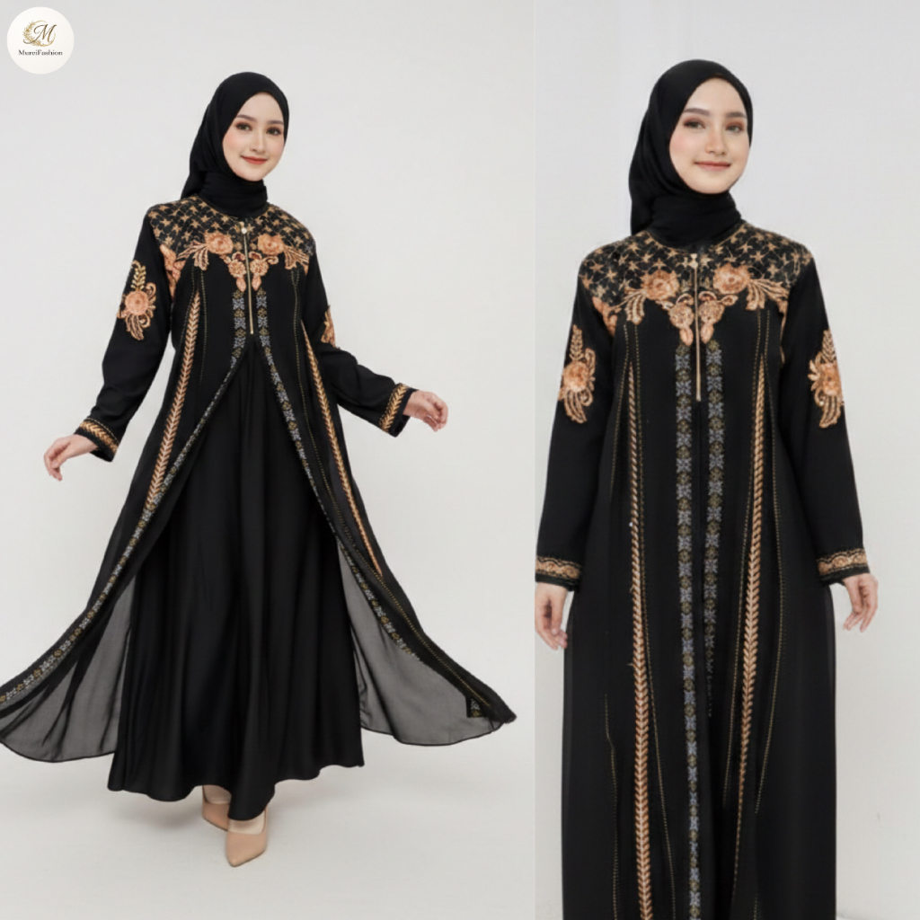 Murei Fashion I Nahla I Abaya khas Turkey Premium Gamis Hitam Bordir Mewah Eksklusif Gaun Muslimah P