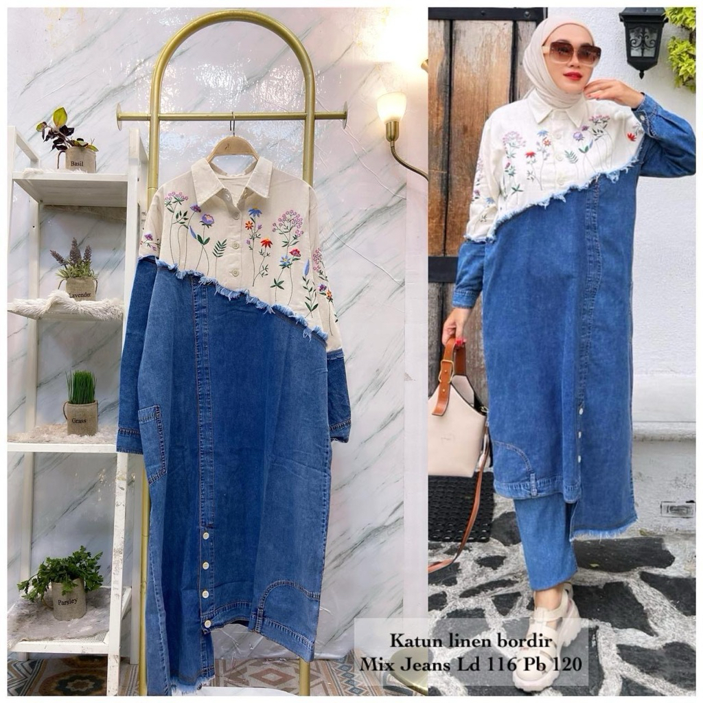 Minidress atau long tunik Ld 116 Pj 120 kombinasi jeans dan linen viscose