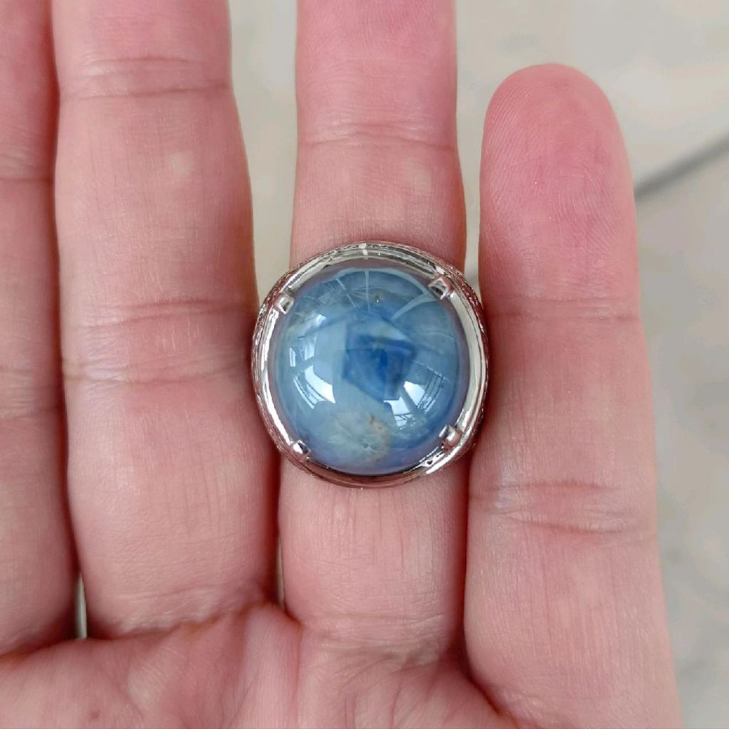 Natural Blue Star Sapphire Burma 35.64 cts No Heat Origin Burma, Iketan Perak Ring 17.5, Memo DGL