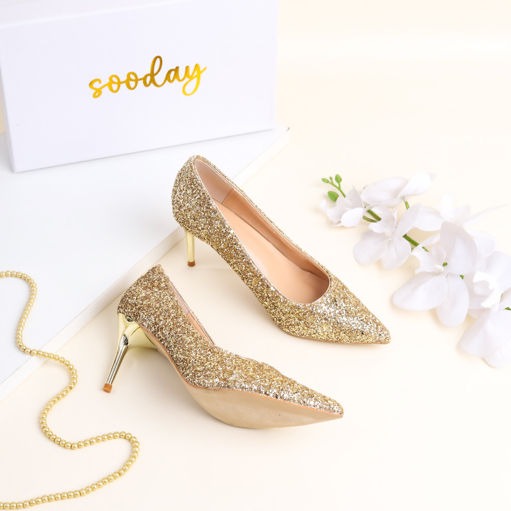 Sooday No. 1024 Gold / Size 34-43 / 7.5cm / glitter high heels / party heels / sepatu hak tinggi pes