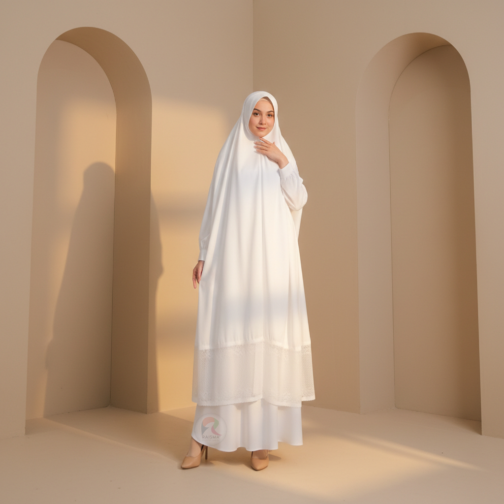 Gamis Syar'i Umroh Set Jilbab Instan Premium Bahan Anti Uv Khairimah Renda Non Renda