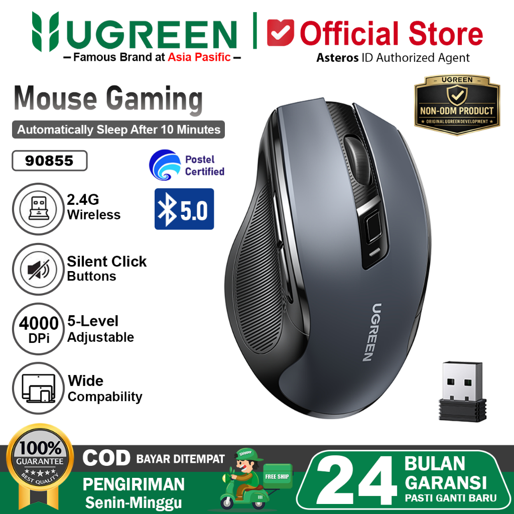 UGREEN Mouse Gaming Wireless 2.4G Dongle + Bluetooth Silent Click 5 level 4000 DPI